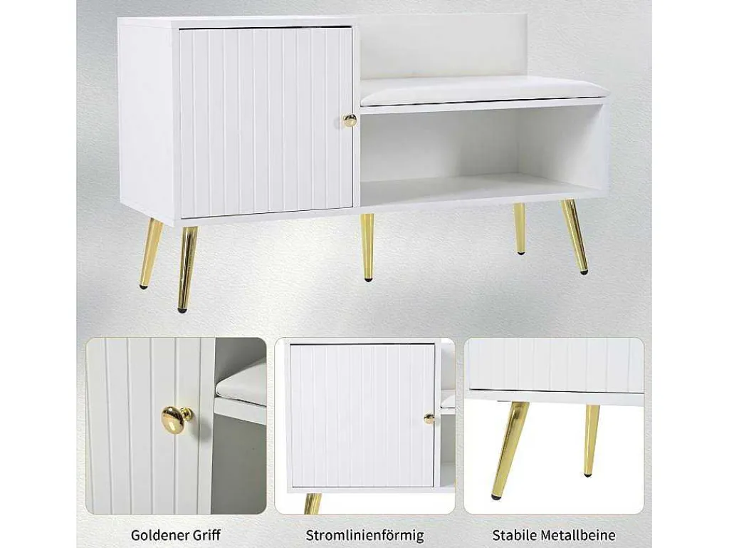 Moderne Schoenenbank Met 3 Deuren En Kussen - Metalen Poten En Handgrepen - Kleur Wit - 100 X 38 X 58 Cm-Vente-unique Clearance