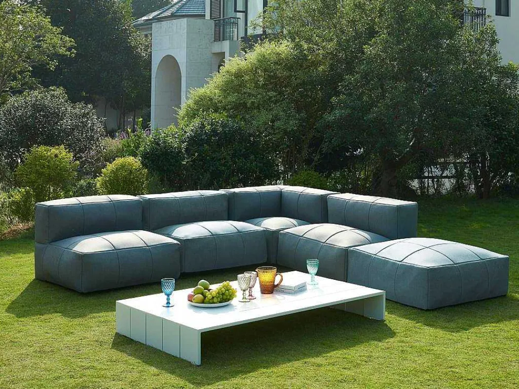 Moduleerbare Tuinzithoek 5 Plaatsen Van Stof: 3 Fauteuils, 1 Hoek, 1 Poef En 1 Salontafel - Antraciet - Livai Van-MYLIA Outlet