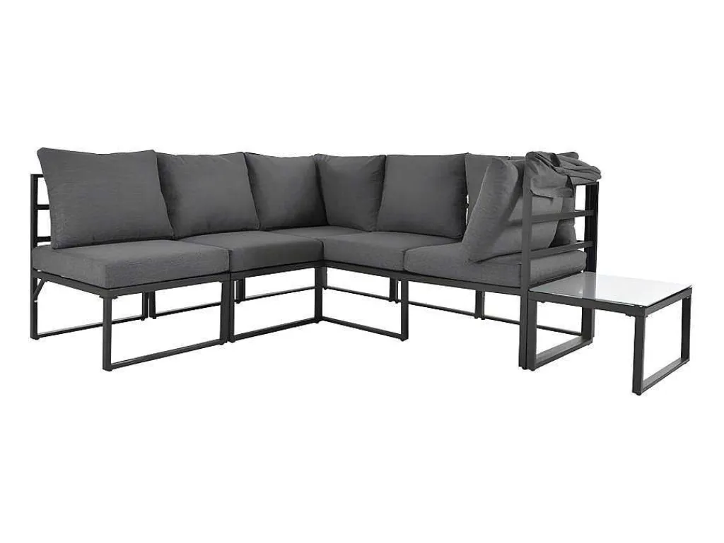 Multifunctioneel Ijzeren Tuinmeubel - Loungebank Met Verstelbare Luifel - 5 Zitplaatsen En 1 Salontafel - Grijs-ModernLuxe Online
