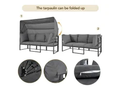 Multifunctioneel Ijzeren Tuinmeubel - Loungebank Met Verstelbare Luifel - 5 Zitplaatsen En 1 Salontafel - Grijs-ModernLuxe Online