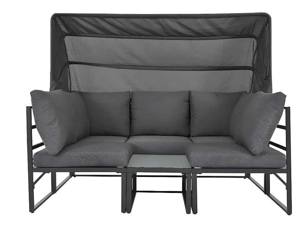 Multifunctioneel Ijzeren Tuinmeubel - Loungebank Met Verstelbare Luifel - 5 Zitplaatsen En 1 Salontafel - Grijs-ModernLuxe Online