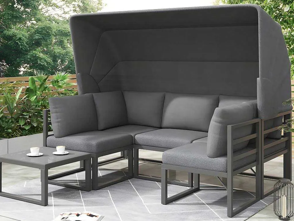 Multifunctioneel Ijzeren Tuinmeubel - Loungebank Met Verstelbare Luifel - 5 Zitplaatsen En 1 Salontafel - Grijs-ModernLuxe Online