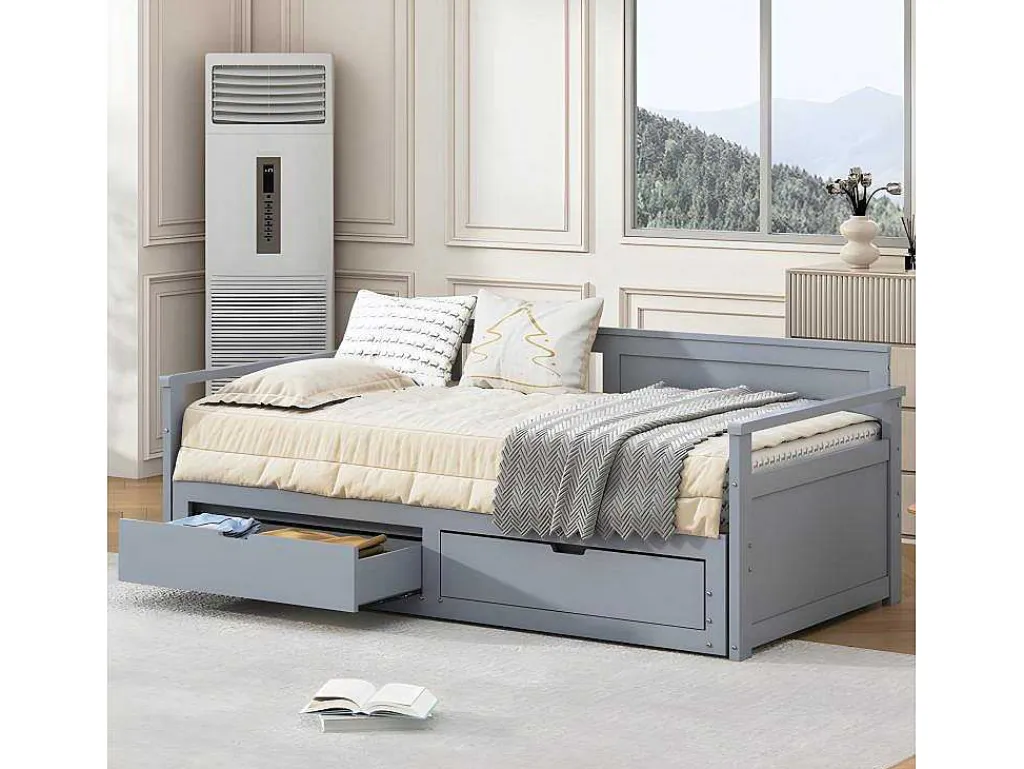 Multifunctioneel Onderschuifbed Van Massief Hout - 2 Laden Op Wielen - Grijs-ModernLuxe New