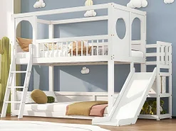 Multifunctioneel Stapelbed Voor Kinderen - Met Ladder En Glijbaan - 2X90X200Cm - Massief Hout - Wit-ModernLuxe Outlet