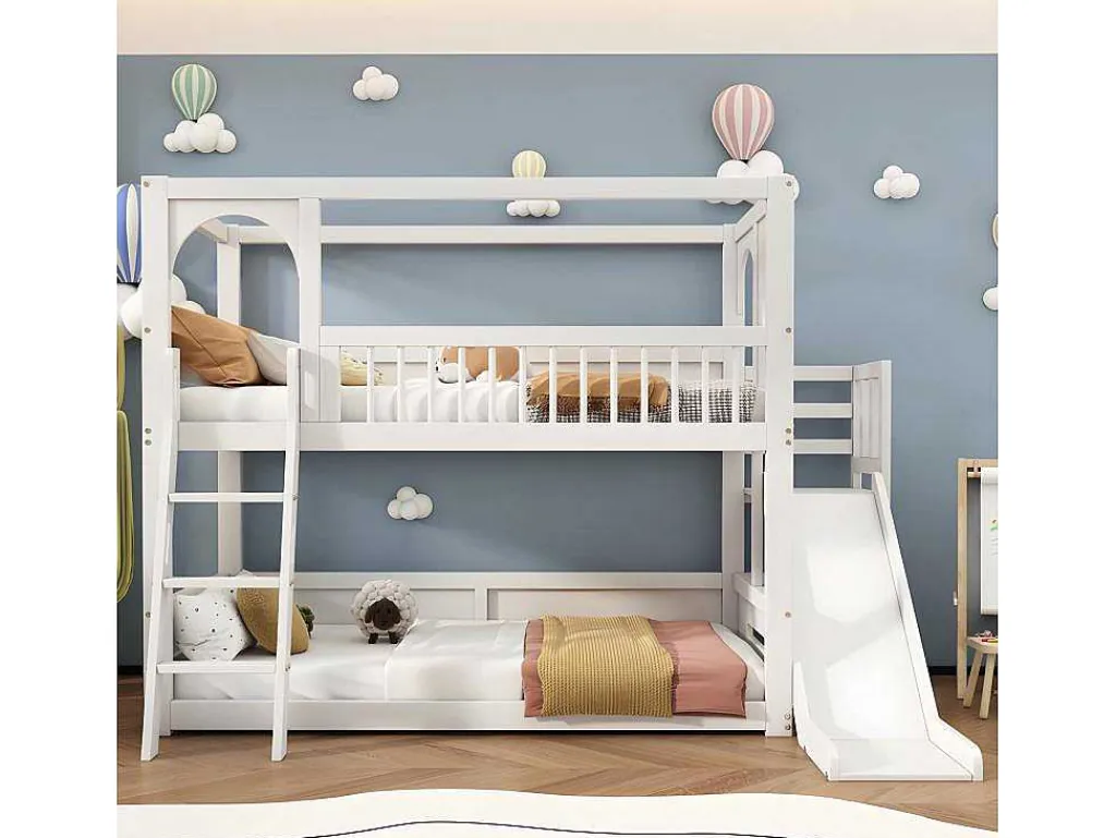 Multifunctioneel Stapelbed Voor Kinderen - Met Ladder En Glijbaan - 2X90X200Cm - Massief Hout - Wit-ModernLuxe Outlet