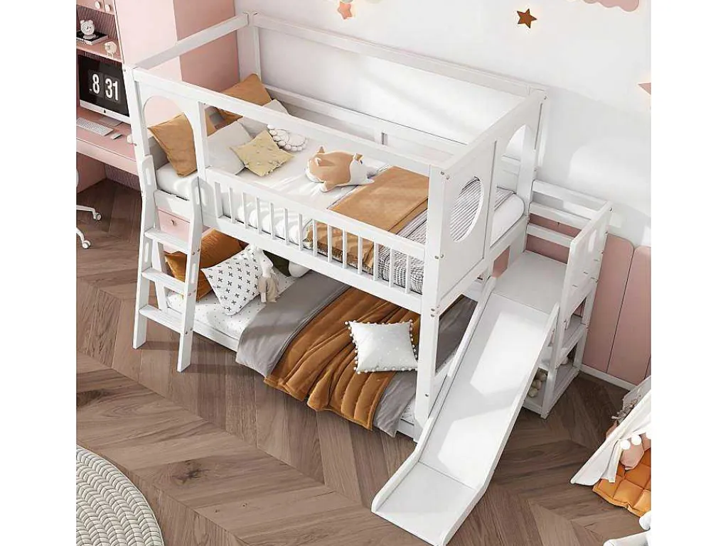 Multifunctioneel Stapelbed Voor Kinderen - Met Ladder En Glijbaan - 2X90X200Cm - Massief Hout - Wit-ModernLuxe Outlet
