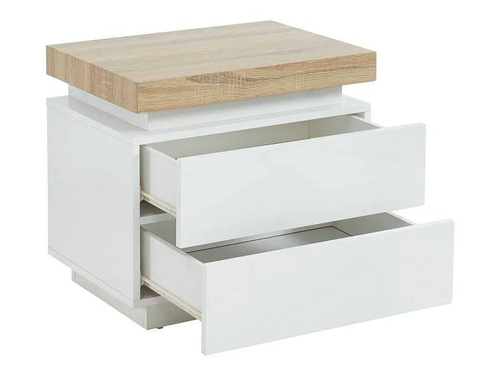 Nachtkastje - 2 Lades - Gelakt Mdf - Met Ledverlichting - Kleur: Wit En Eiken - Halo Ii-Vente-unique Hot