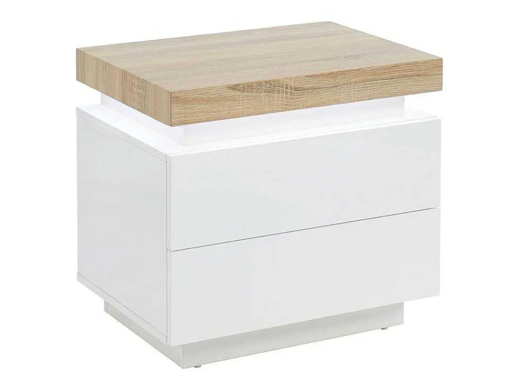 Nachtkastje - 2 Lades - Gelakt Mdf - Met Ledverlichting - Kleur: Wit En Eiken - Halo Ii-Vente-unique Hot