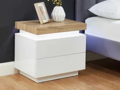 Nachtkastje - 2 Lades - Gelakt Mdf - Met Ledverlichting - Kleur: Wit En Eiken - Halo Ii-Vente-unique Hot