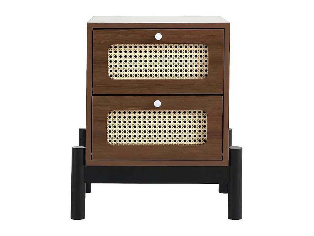 Nachtkastje - 2 Pvc Rotan Lades Met Zwarte Poten - Bruin-ModernLuxe New