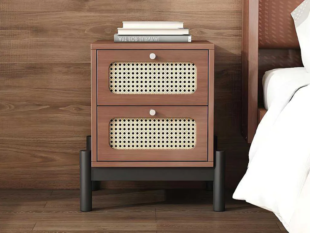 Nachtkastje - 2 Pvc Rotan Lades Met Zwarte Poten - Bruin-ModernLuxe New