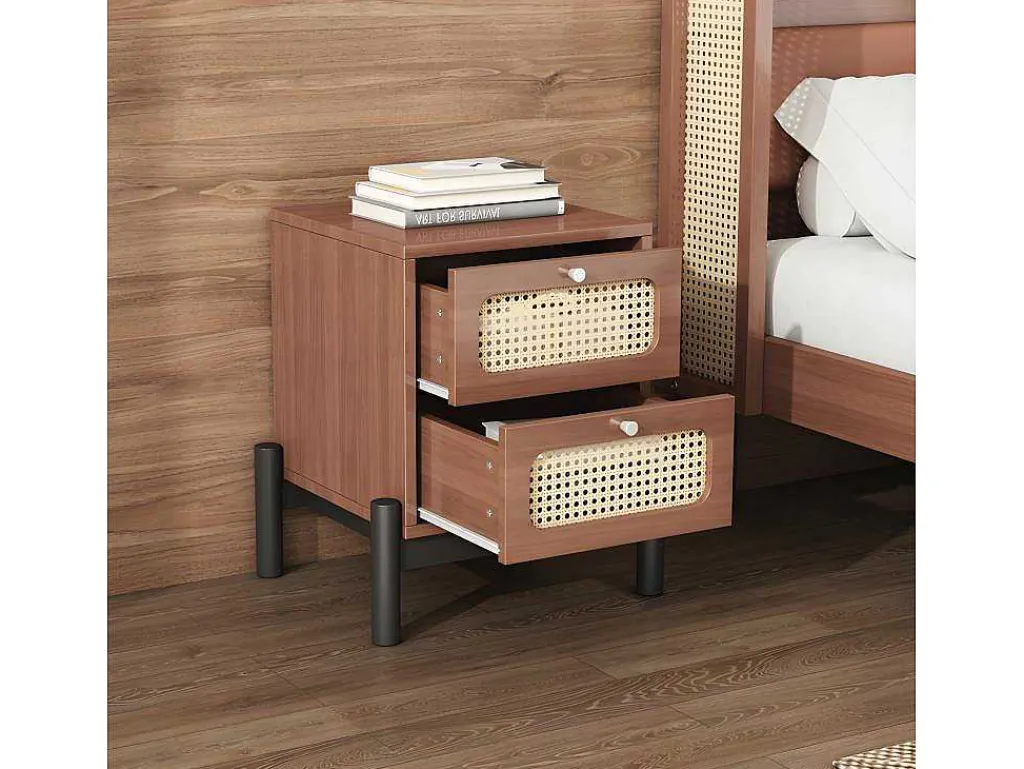 Nachtkastje - 2 Pvc Rotan Lades Met Zwarte Poten - Bruin-ModernLuxe New