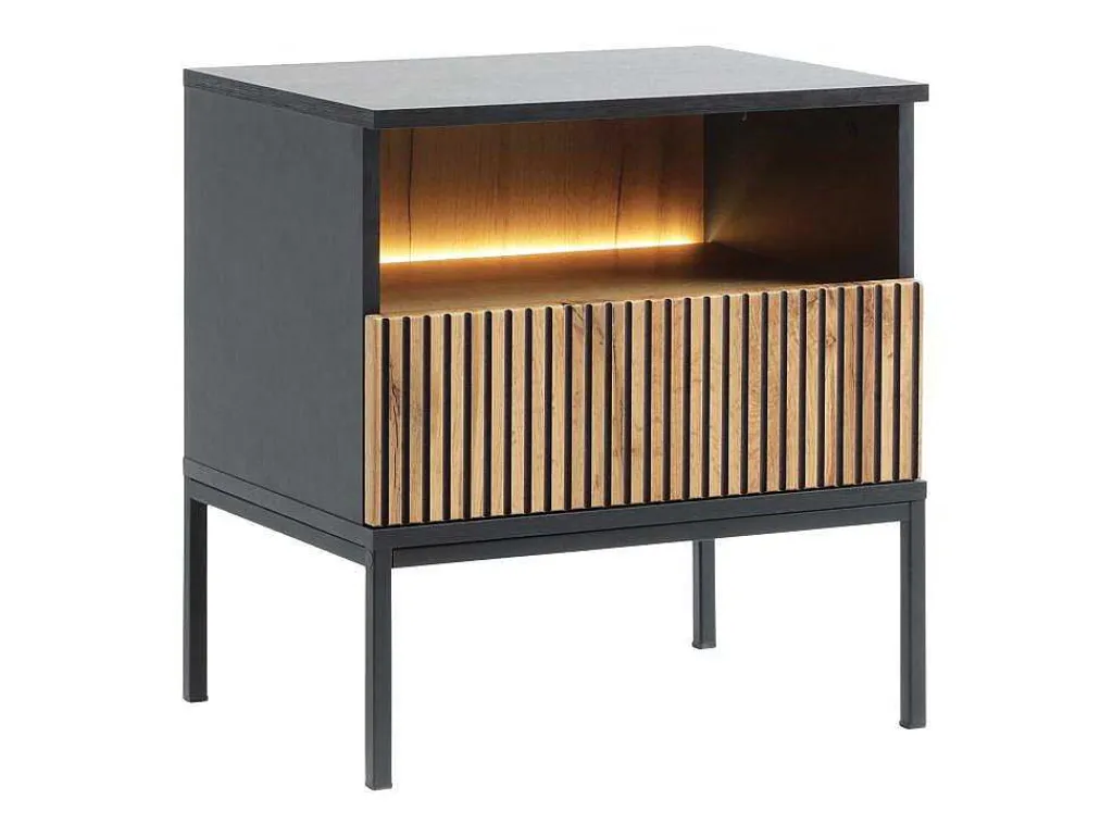 Nachtkastje 1 Lade En 1 Nis - Met Ledverlichting - Zwart En Naturel - Ovila-Vente-unique Clearance