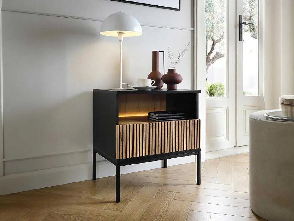 Nachtkastje 1 Lade En 1 Nis - Met Ledverlichting - Zwart En Naturel - Ovila-Vente-unique Clearance