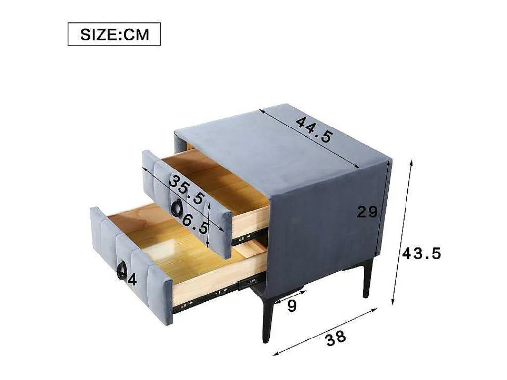 Nachtkastje Bekleed Met Fluweel En Mdf - 2 Lades - Metalen Poten - Grijs-ModernLuxe New