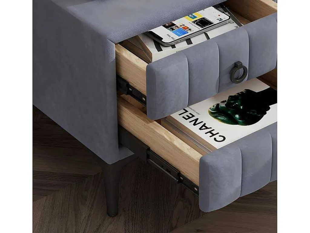 Nachtkastje Bekleed Met Fluweel En Mdf - 2 Lades - Metalen Poten - Grijs-ModernLuxe New