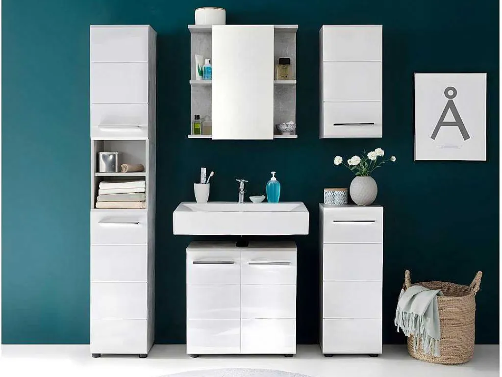 Nanobad Badkamerkast 1 Deur Betonsteen Decor, Wit Hoogglans.-Trendteam Outlet