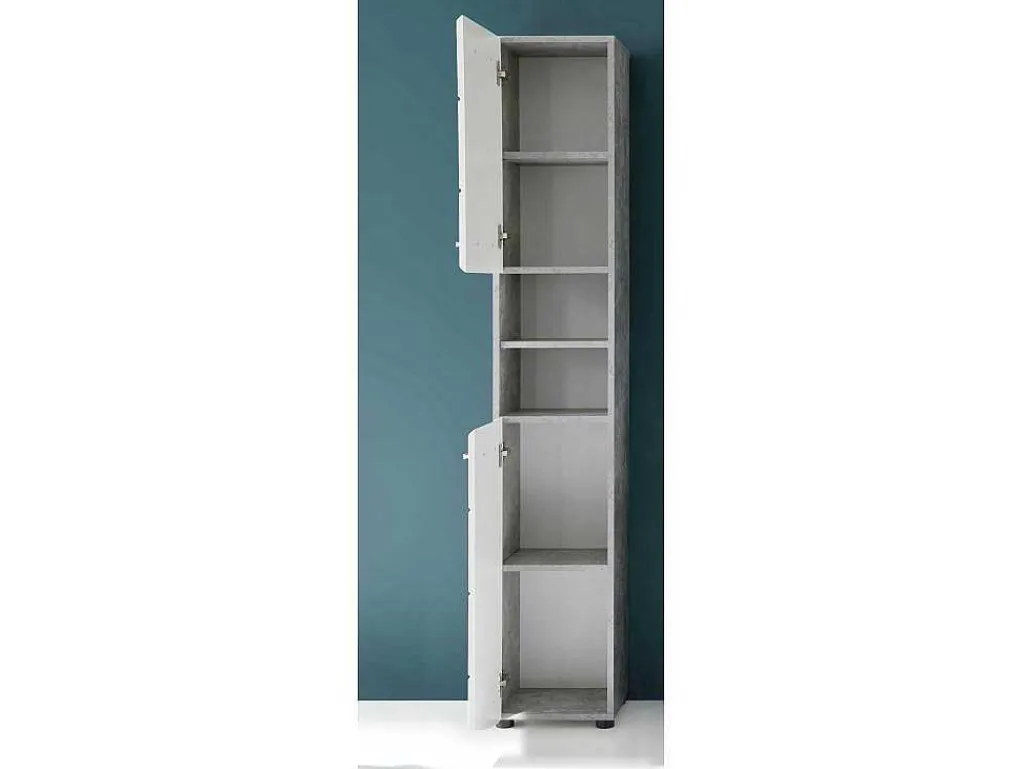 Nanobad Kolomkast Hoog 2 Deuren, 2 Open Vakken Betonsteen Decor, Wit Hoogglans.-Trendteam Hot