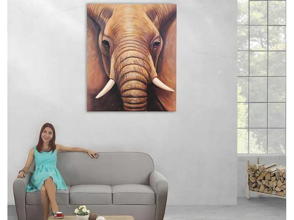 Olieverfschilderij Close-Up Olifant Handgeschilderd-Vente-unique Clearance