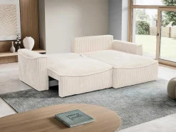Omkeerbare Hoekslaapbank Van Beige Ribfluweel Met Brede Ribbels Asturio-Vente-unique