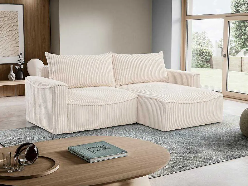 Omkeerbare Hoekslaapbank Van Beige Ribfluweel Met Brede Ribbels Asturio-Vente-unique