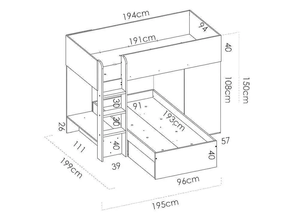 Omkeerbare Hoekstapelbed Ricardo - 2 X 90X190Cm - Opbergruimte - Grijs En Wit + Matras-Vente-unique New