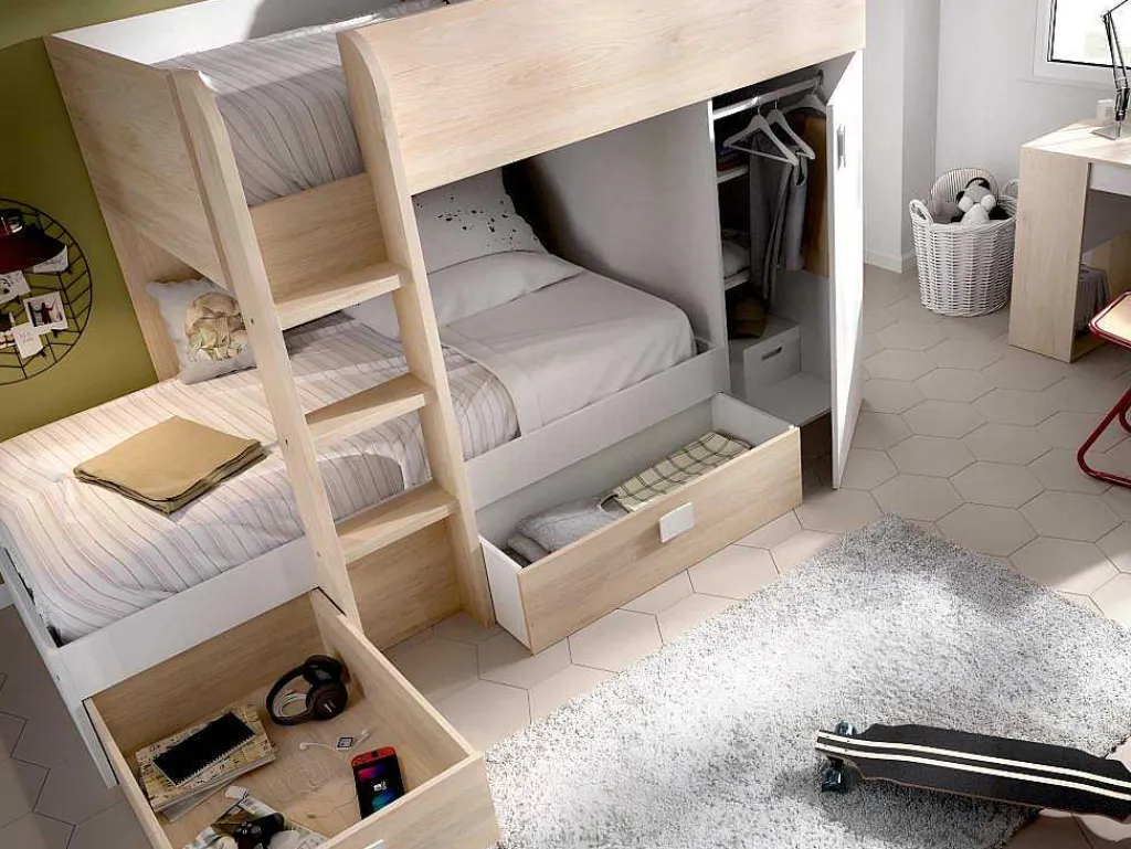 Omkeerbare Hoekstapelbed Ricardo - 2 X 90X190Cm - Opbergruimte - Grijs En Wit + Matras-Vente-unique New