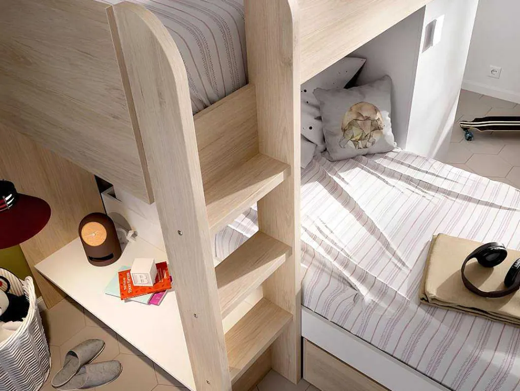 Omkeerbare Hoekstapelbed Ricardo - 2 X 90X190Cm - Opbergruimte - Eiken En Wit-Vente-unique New