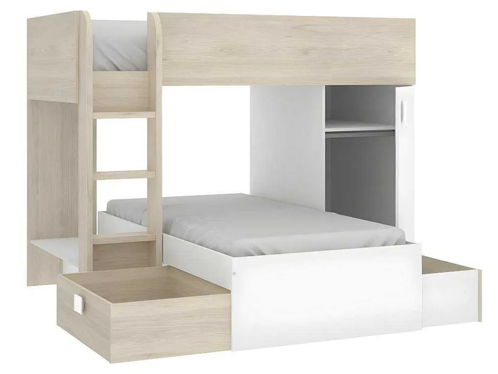 Omkeerbare Hoekstapelbed Ricardo - 2 X 90X190Cm - Opbergruimte - Eiken En Wit-Vente-unique New