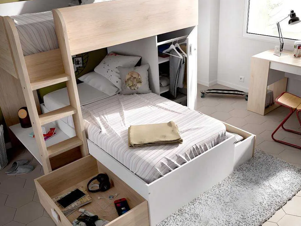 Omkeerbare Hoekstapelbed Ricardo - 2 X 90X190Cm - Opbergruimte - Eiken En Wit-Vente-unique New