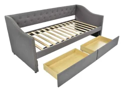 Onderschuifbed, Linnen Slaapbank 90X200Cm Met 2 Lades En Lattenbodem En - Grijs-ModernLuxe Discount