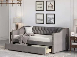 Onderschuifbed, Linnen Slaapbank 90X200Cm Met 2 Lades En Lattenbodem En - Grijs-ModernLuxe Discount