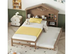 Onderschuifbed Voor Kinderen - 90X200Cm - Hoofdeinde In Huisvorm - Massief Hout - Bruin-ModernLuxe Clearance