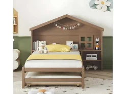 Onderschuifbed Voor Kinderen - 90X200Cm - Hoofdeinde In Huisvorm - Massief Hout - Bruin-ModernLuxe Clearance