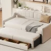 Onderschuifbed 90X200Cm + 90X190Cm - Gestoffeerde Slaapbank Met Lades - Katoenlinnenstof - Beige-ModernLuxe Best