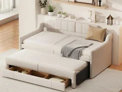 Onderschuifbed 90X200Cm + 90X190Cm - Gestoffeerde Slaapbank Met Lades - Katoenlinnenstof - Beige-ModernLuxe Best