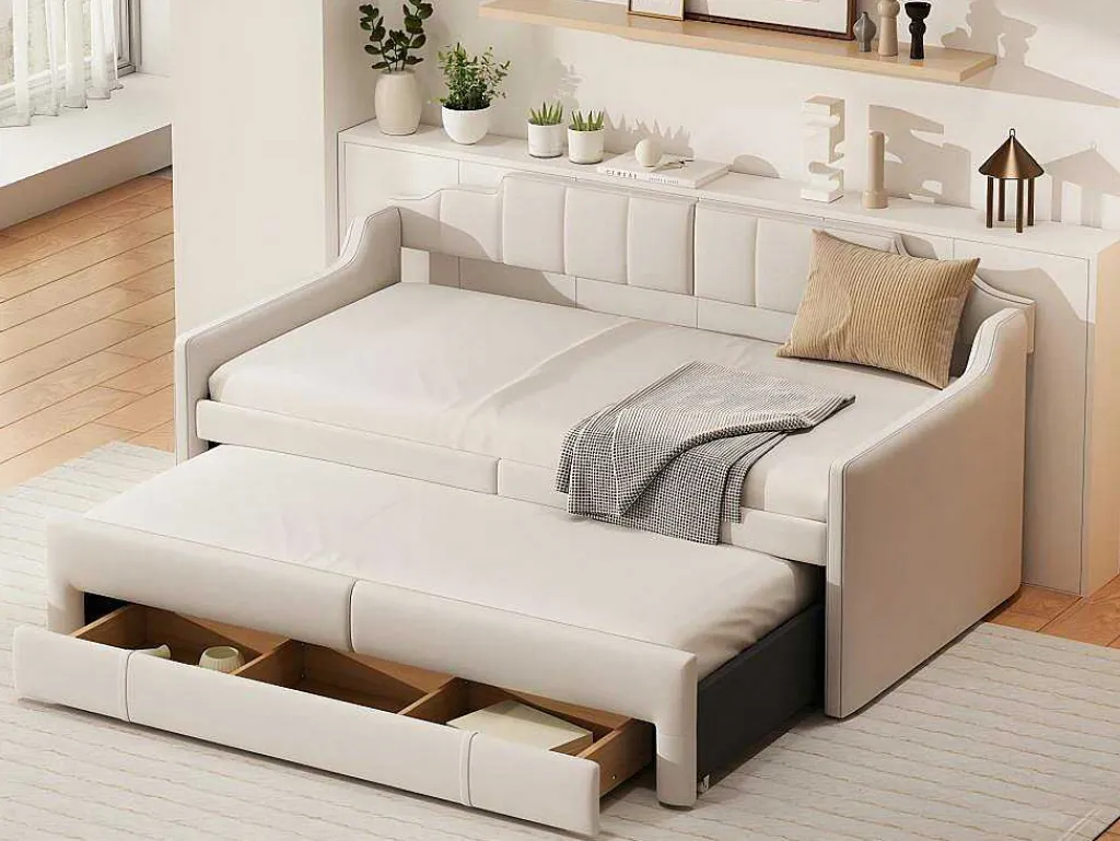 Onderschuifbed 90X200Cm + 90X190Cm - Gestoffeerde Slaapbank Met Lades - Katoenlinnenstof - Beige-ModernLuxe Best