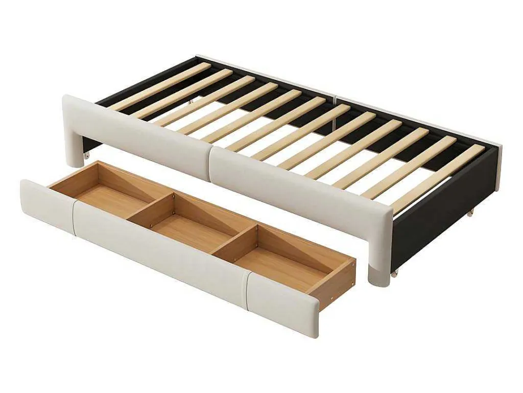Onderschuifbed 90X200Cm + 90X190Cm - Gestoffeerde Slaapbank Met Lades - Katoenlinnenstof - Beige-ModernLuxe Best
