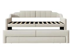 Onderschuifbed 90X200Cm + 90X190Cm - Gestoffeerde Slaapbank Met Lades - Katoenlinnenstof - Beige-ModernLuxe Best