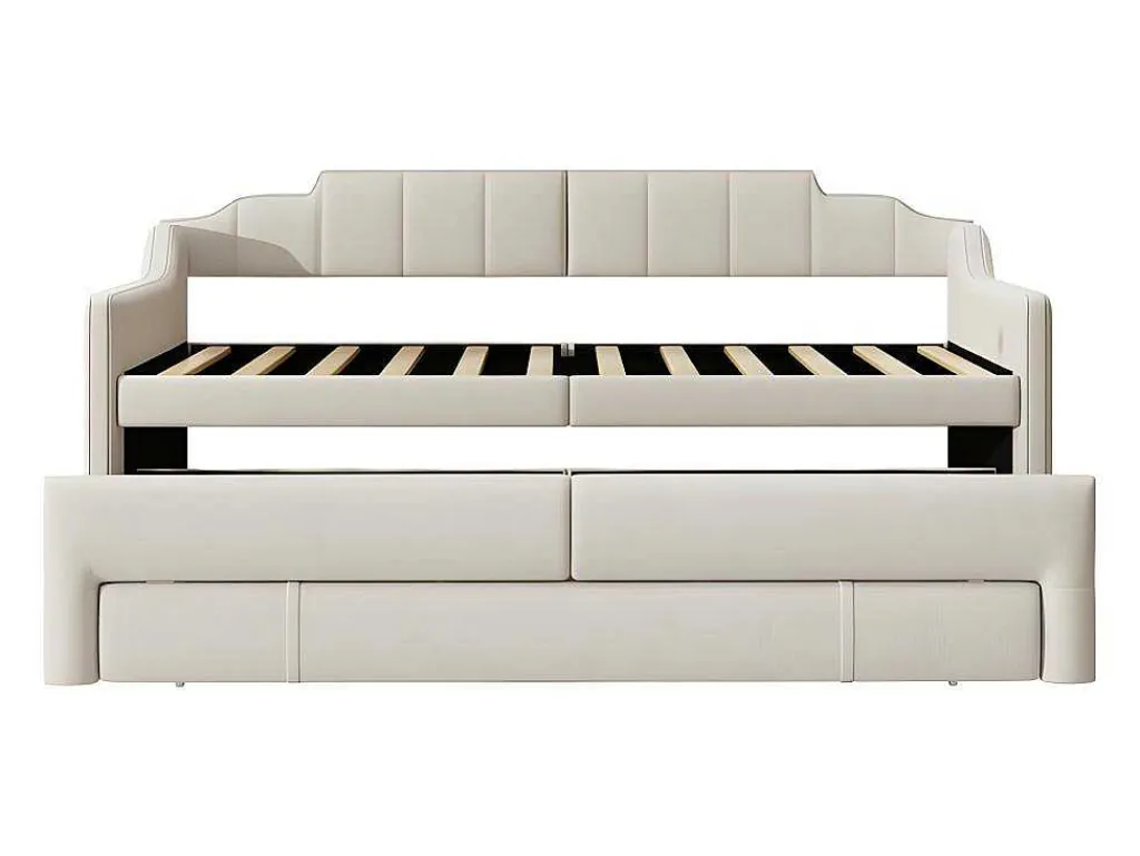 Onderschuifbed 90X200Cm + 90X190Cm - Gestoffeerde Slaapbank Met Lades - Katoenlinnenstof - Beige-ModernLuxe Best