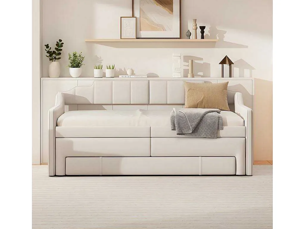 Onderschuifbed 90X200Cm + 90X190Cm - Gestoffeerde Slaapbank Met Lades - Katoenlinnenstof - Beige-ModernLuxe Best