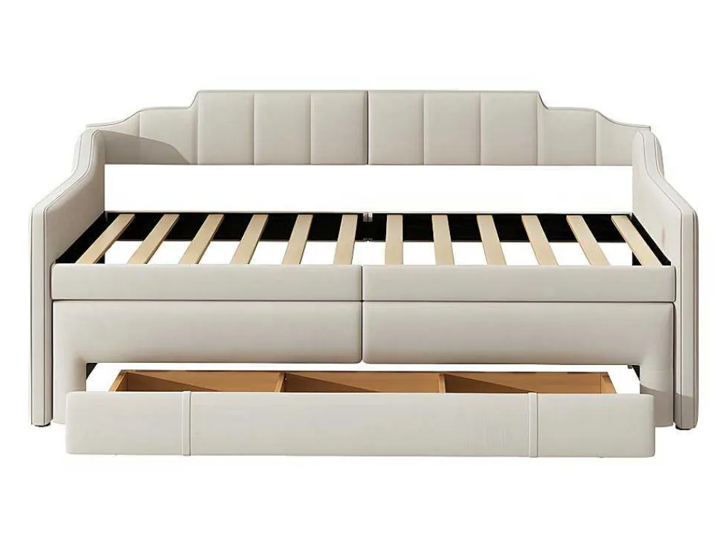 Onderschuifbed 90X200Cm + 90X190Cm - Gestoffeerde Slaapbank Met Lades - Katoenlinnenstof - Beige-ModernLuxe Best