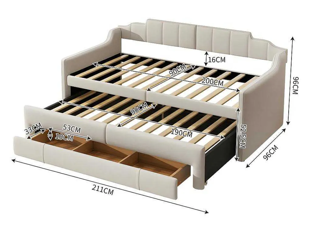 Onderschuifbed 90X200Cm + 90X190Cm - Gestoffeerde Slaapbank Met Lades - Katoenlinnenstof - Beige-ModernLuxe Best