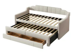 Onderschuifbed 90X200Cm + 90X190Cm - Gestoffeerde Slaapbank Met Lades - Katoenlinnenstof - Beige-ModernLuxe Best