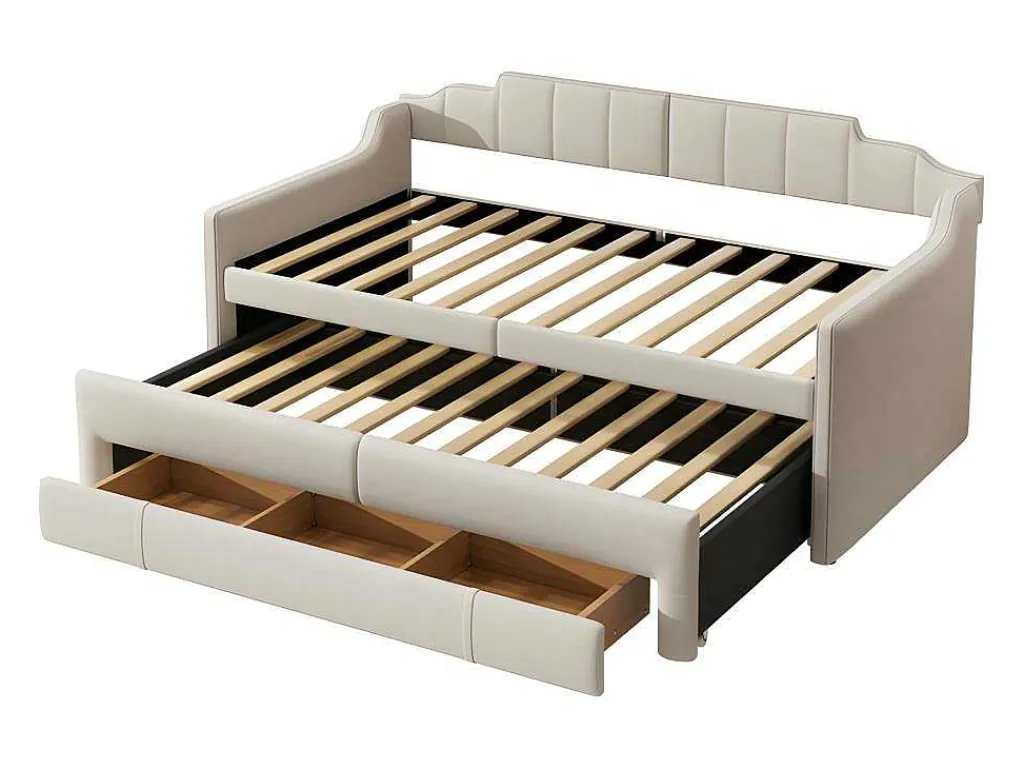 Onderschuifbed 90X200Cm + 90X190Cm - Gestoffeerde Slaapbank Met Lades - Katoenlinnenstof - Beige-ModernLuxe Best