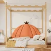 Onderschuifbed 140X200Cm In Massief Grenen - Fluwelen Hoofdeinde - Oranje & Wit-ModernLuxe Best