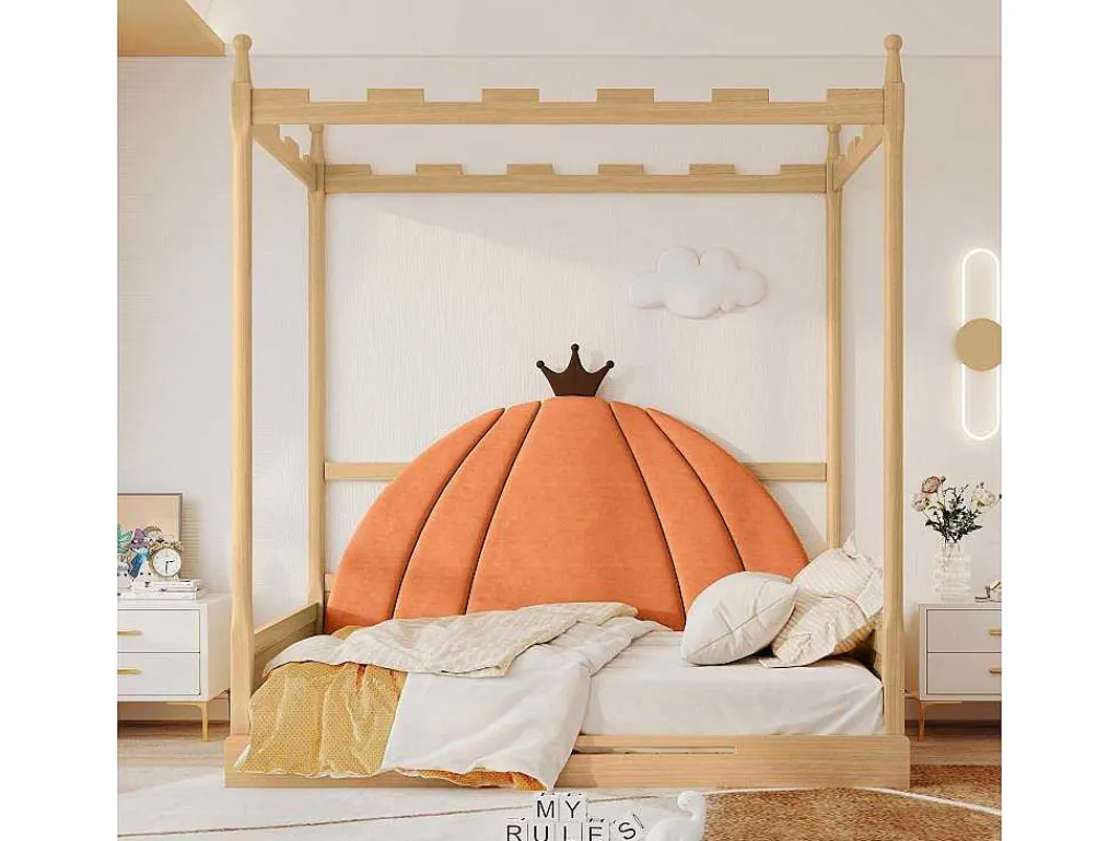 Onderschuifbed 140X200Cm In Massief Grenen - Fluwelen Hoofdeinde - Oranje & Wit-ModernLuxe Best