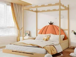 Onderschuifbed 140X200Cm In Massief Grenen - Fluwelen Hoofdeinde - Oranje & Wit-ModernLuxe Best