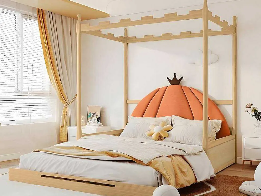Onderschuifbed 140X200Cm In Massief Grenen - Fluwelen Hoofdeinde - Oranje & Wit-ModernLuxe Best