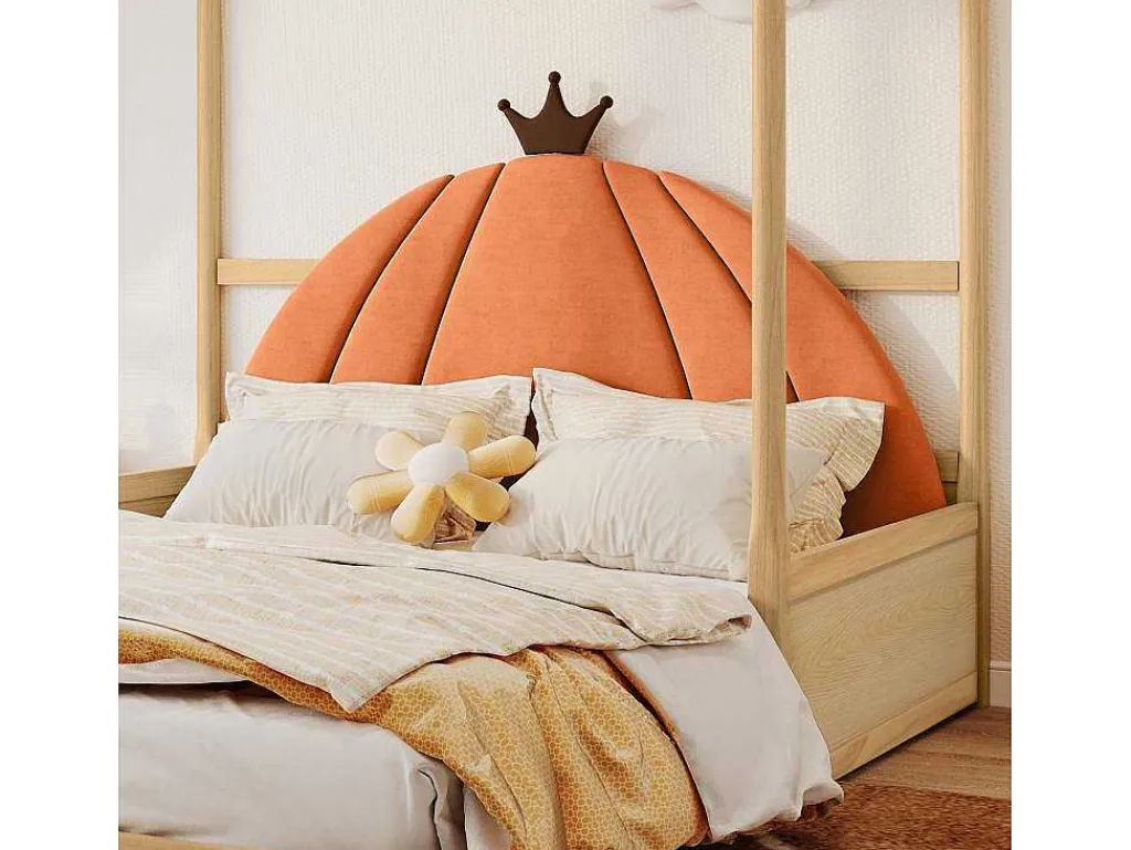 Onderschuifbed 140X200Cm In Massief Grenen - Fluwelen Hoofdeinde - Oranje & Wit-ModernLuxe Best